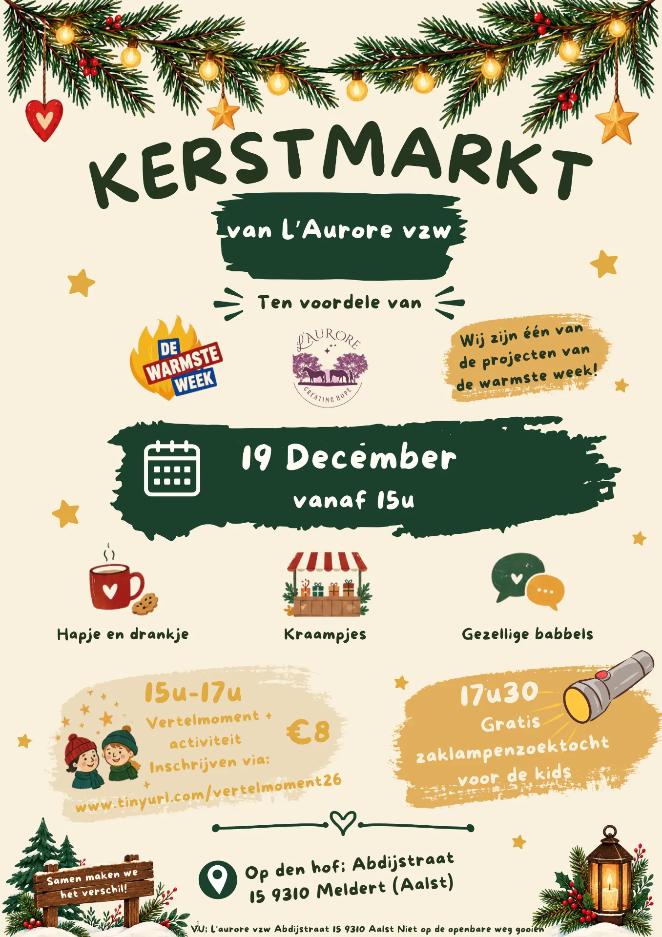Flyer van de kerstmarkt van L’Aurore vzw op 19 december, ten voordele van De Warmste Week