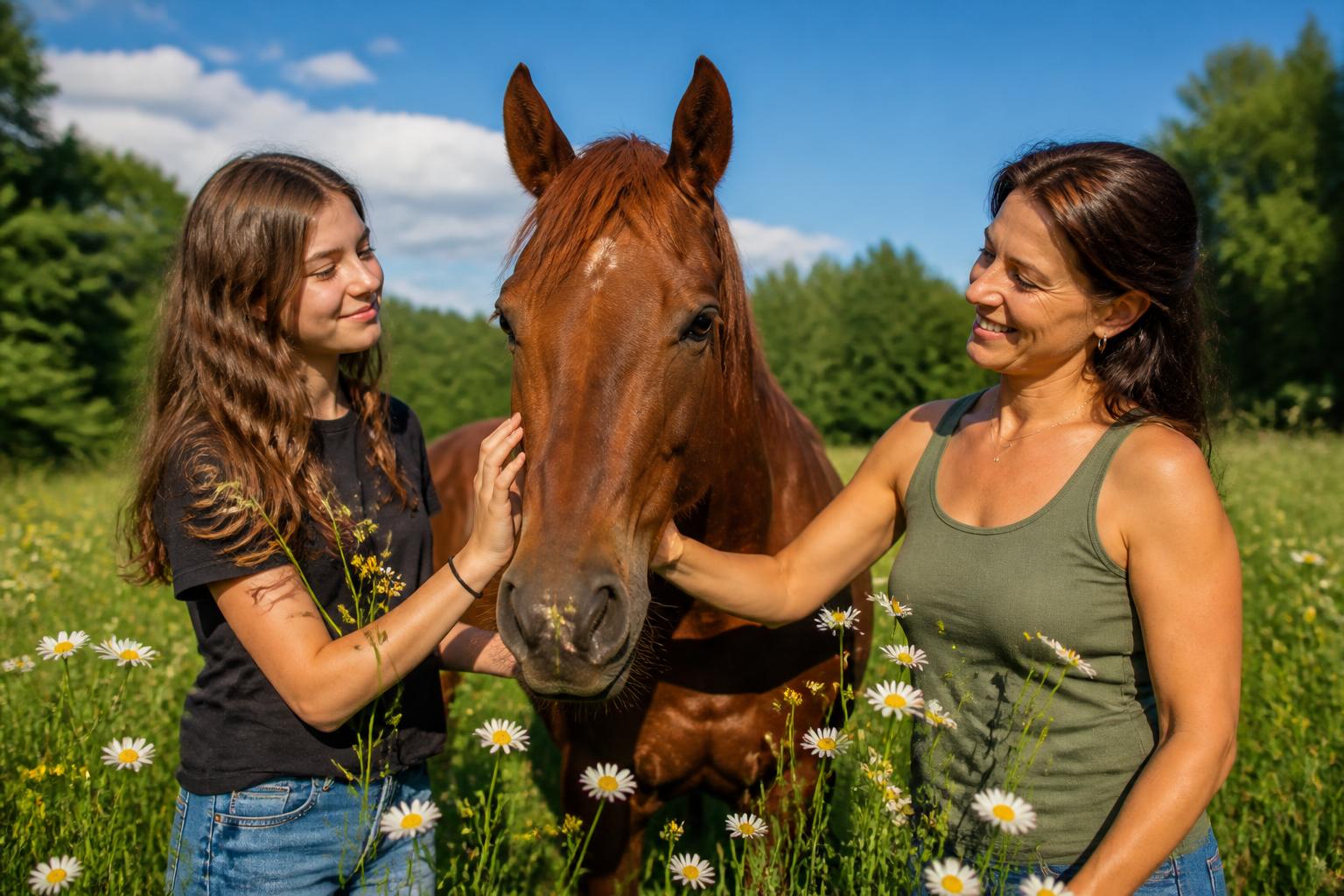 Een paard staat rustig in een weide bij ochtendlicht